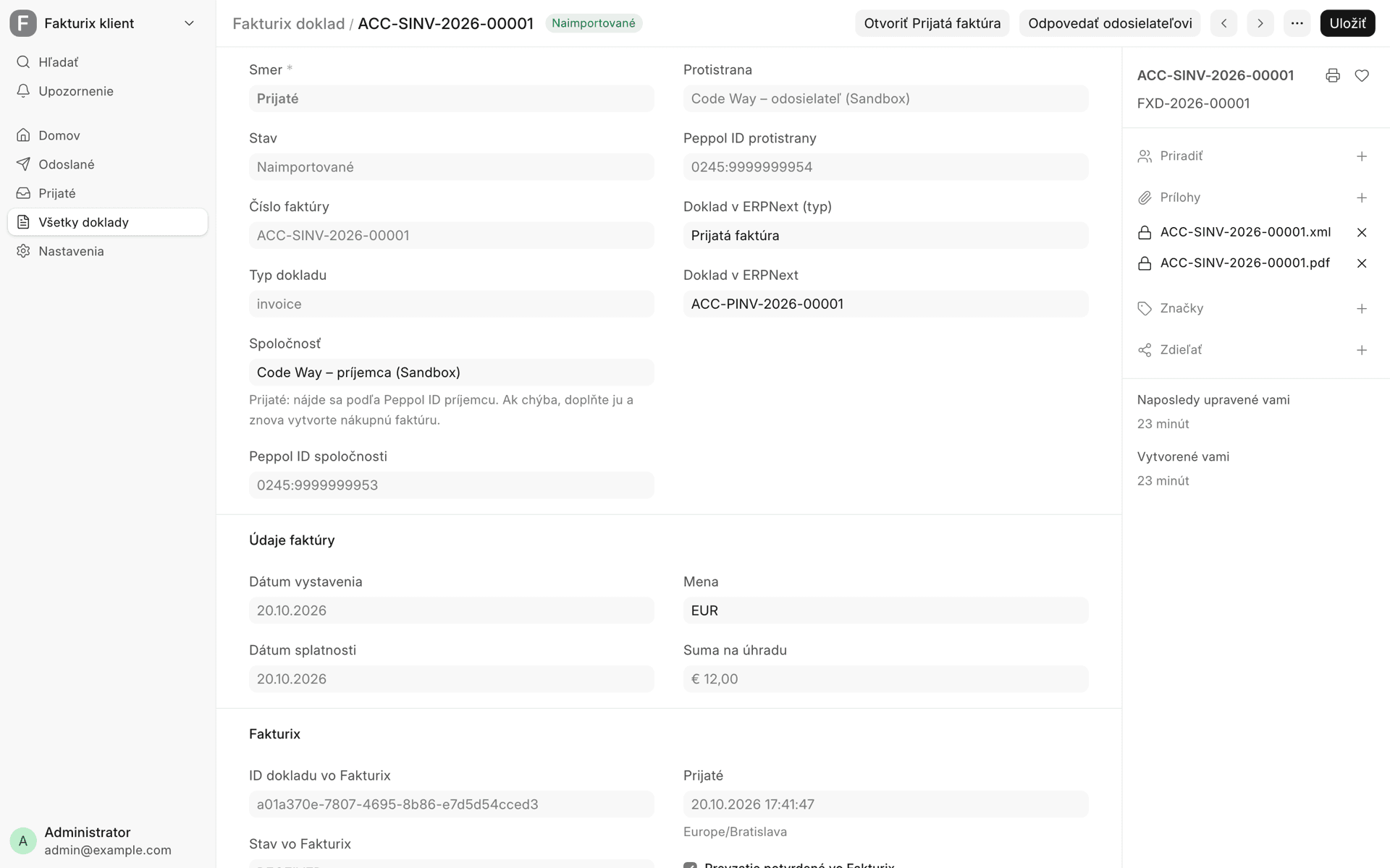 Prijatá e-faktúra vo Fakturix Document s priloženým UBL XML a PDF a odkazom na prijatú faktúru