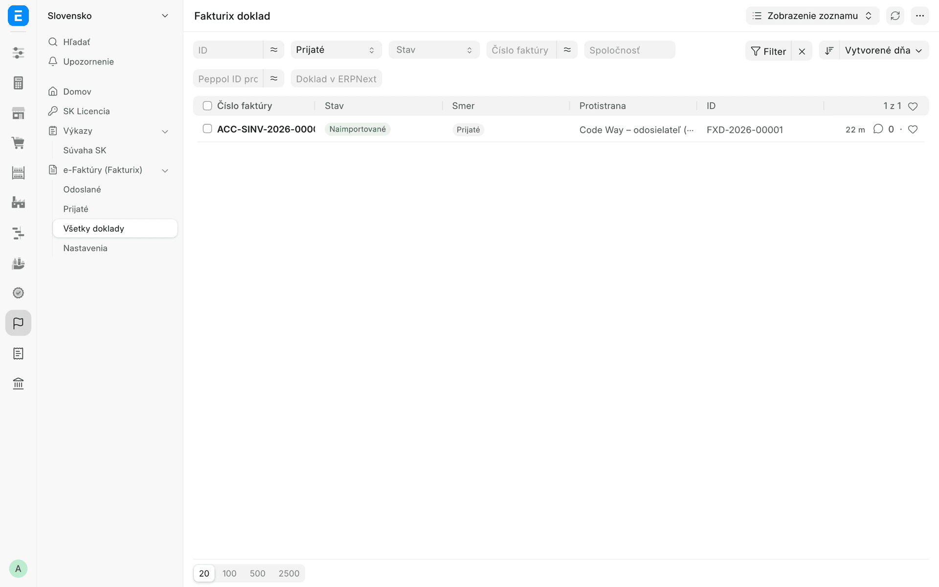 Zoznam prijatých e-faktúr v ERPNexte s menu e-Faktúry (Fakturix) v bočnom paneli