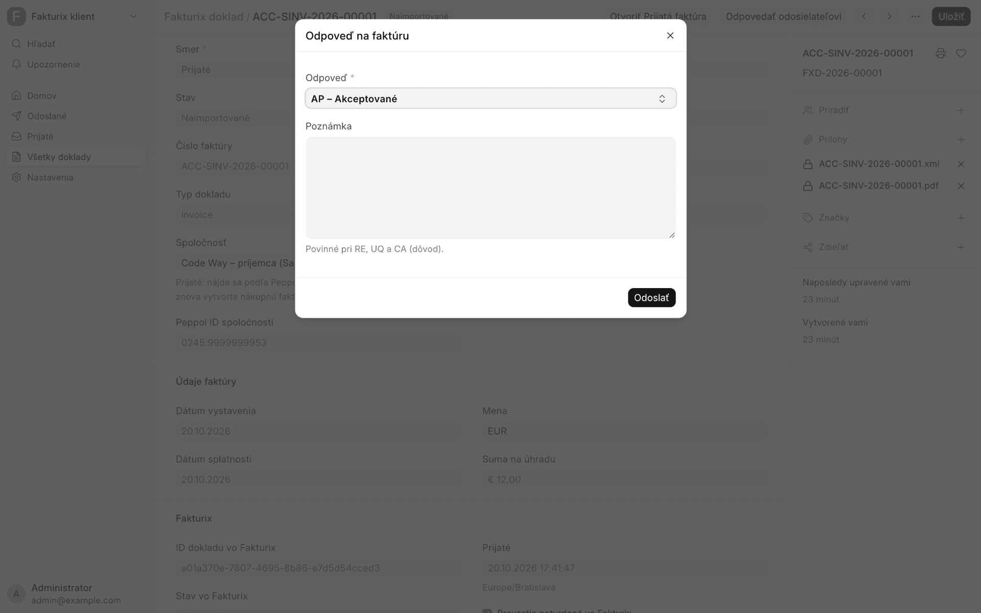 Dialóg Invoice Response na odpoveď odosielateľovi e-faktúry