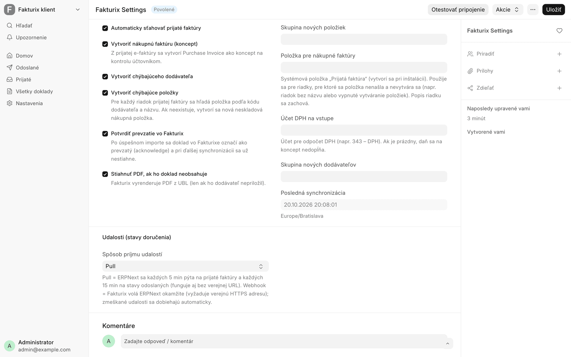 Nastavenia príjmu e-faktúr a spôsobu príjmu udalostí Pull alebo Webhook