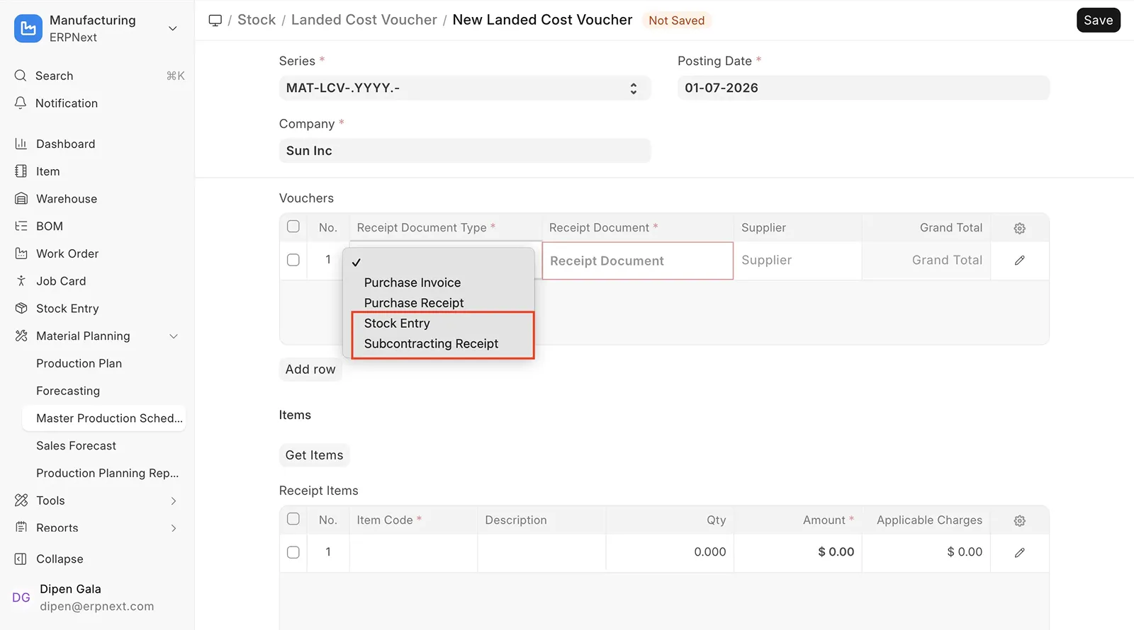 Landed cost voucher pre príjem od subdodávateľa